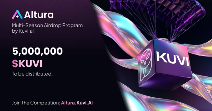 The image highlights a "Multi-Season Airdrop Program by Kuvi.ai" where 5,000,000 $KUVI tokens will be distributed, relating to the post's suggestion of a low-effort strategy to earn rewards.