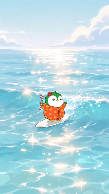 A cute cartoon penguin character surfs on a sparkling ocean wave at sunrise, holding a candy cane. The whimsical, cheerful scene perfectly matches the post's joyful "Pengu morning" and "Happy Friday my frens!" vibes.