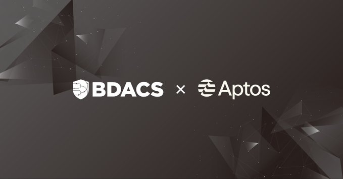 A dark promotional graphic with geometric shapes displaying the logos 'BDACS × Aptos', indicating a partnership or collaboration between the two.
