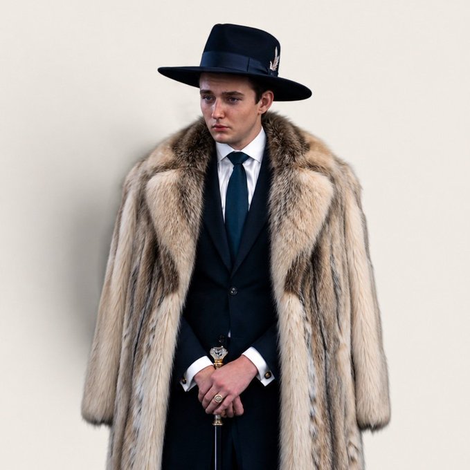A young man wearing a wide-brimmed black hat, a dark suit with a teal tie, and a large raccoon fur coat, holding a sword against a plain wall.