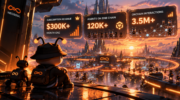 A sci-fi themed promotional graphic for Neosoul (NEOGOUl) displays metrics including 'SUBSCRIPTION REVENUE $300K+ MONTH ONE,' 'AGENTS ON BNB CHAIN 120K+,' and 'ONCHAIN INTERACTIONS 3.5M+,' with characters overlooking a futuristic city.