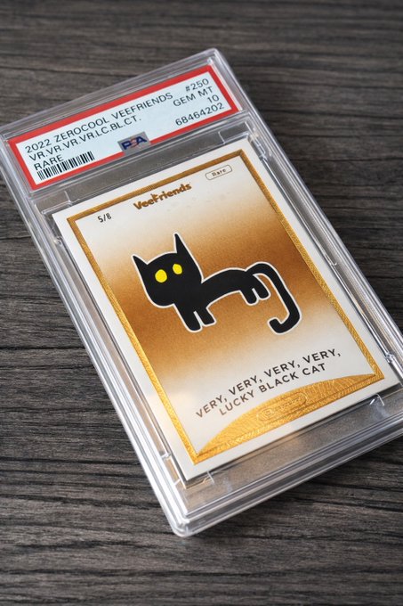 A PSA-graded (GEM MT 10) 2022 Zerocoli Veefriends 'Very, Very, Very, Lucky Black Cat' trading card in a protective slab.