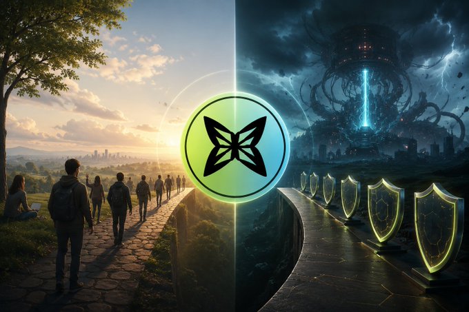 The image shows a group of people walking along a path with a butterfly graphic in the center, surrounded by two different scenes - one scene has a city skyline at sunset, while the other scene depicts a futuristic cityscape with a robot on top. The butterfly graphic is positioned between these two scenes and serves as a visual representation of the concept that the group is discussing or exploring.