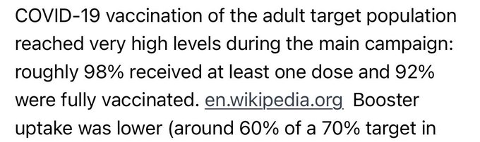 Text excerpt from Wikipedia reading: 'COVID-19 vaccination of the adult target population reached very high levels during the main campaign: roughly 98% received at least one dose and 92% were fully vaccinated. Booster uptake was lower (around 60% of a 70% target in'