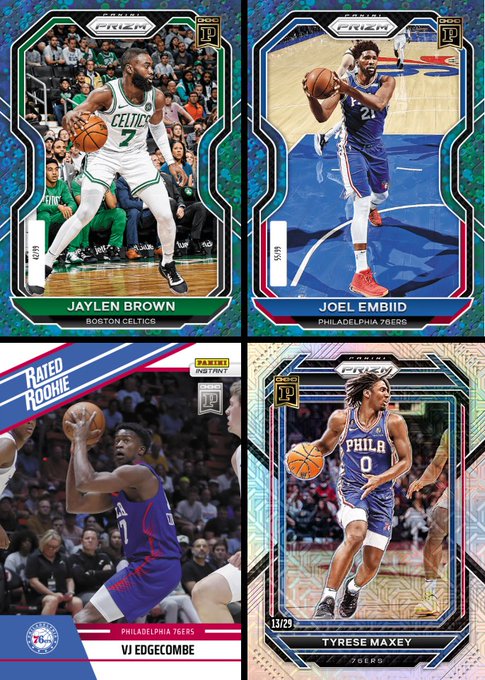 Four Panini Prizm basketball trading cards featuring Jaylen Brown (Boston Celtics), Joel Embiid (Philadelphia 76ers), VJ Edgecombe (Philadelphia 76ers, 'Rated Rookie'), and Tyrese Maxey (Philadelphia 76ers, #13/25).