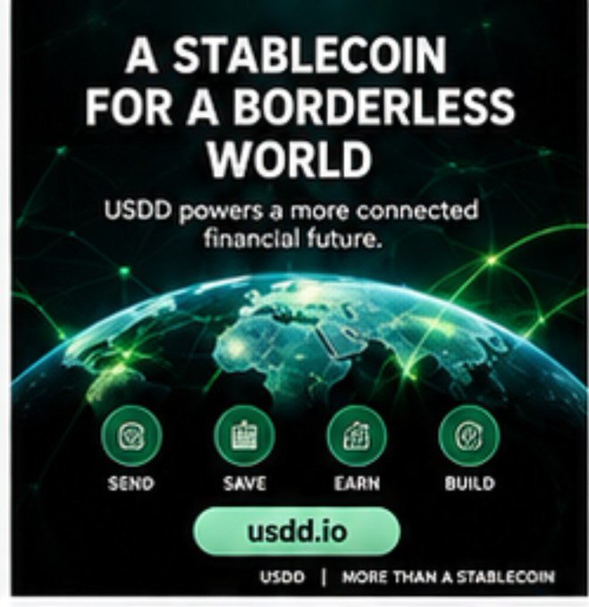 A promotional graphic for USDD stablecoin with the headline 'A STABLECOIN FOR A BORDERLESS WORLD' and tagline 'USDD powers a more connected financial future,' showing icons for Send, Save, Earn, and Build, along with 'usdd.io' and 'USDD | MORE THAN A STABLECOIN'.