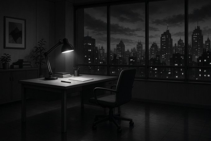A dimly lit office at night with a desk lamp illuminating a workspace, featuring an office chair and a large window showing a city skyline with illuminated skyscrapers.