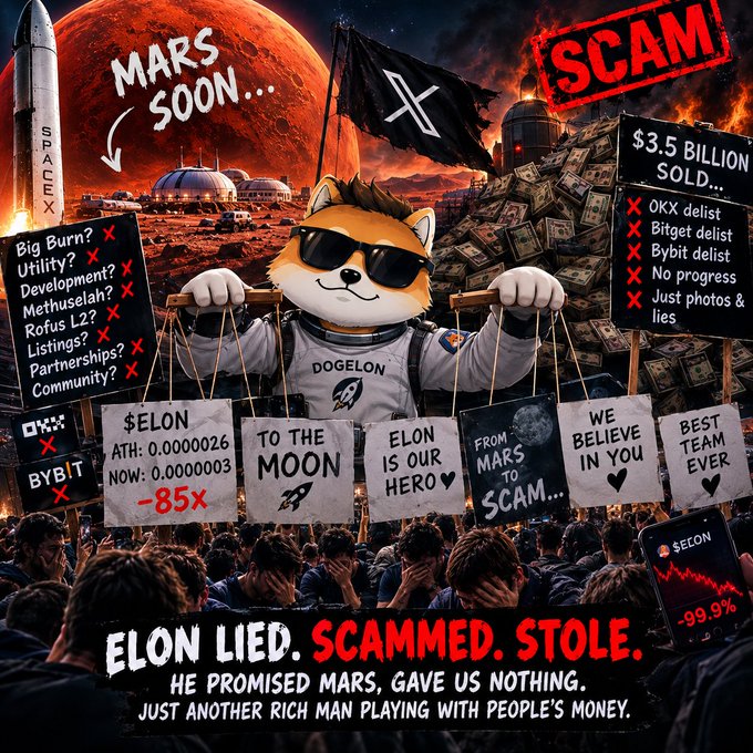 A satirical/meme image criticizing Elon Musk and DOGELON, showing a Shiba Inu in an astronaut suit on Mars with text reading 'MARS SOON...', 'SCAM', 'ELON LIED. SCAMMED. STOLE.' and listing unfulfilled promises like listings and partnerships.