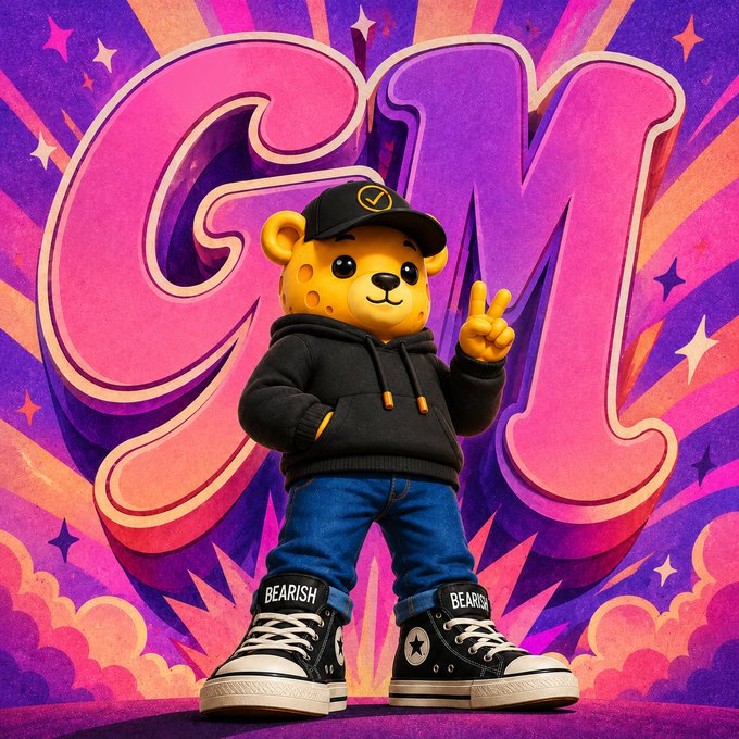 A 3D-rendered cartoon bear character wearing a black hoodie, jeans, and sneakers, making a peace sign in front of large pink 'GM' lettering with a starburst background.