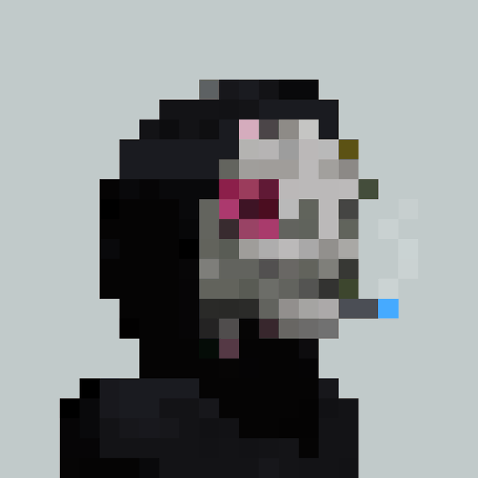 A pixel art image showing a dark silhouetted figure wearing a white and pink mask, set against a pale blue background.