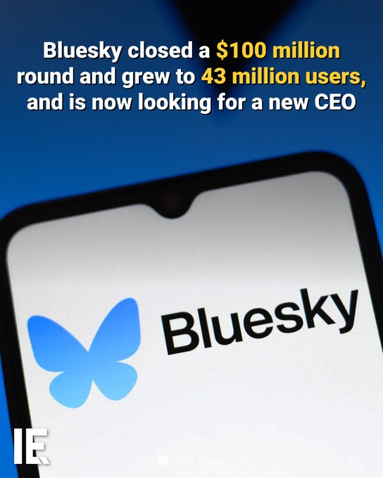 A smartphone displays the Bluesky logo while overlaid text reads: "Bluesky closed a $100 million round and grew to 43 million users, and is now looking for a new CEO," highlighting the startup's recent Series B funding milestone led by Bain Capital Crypto.