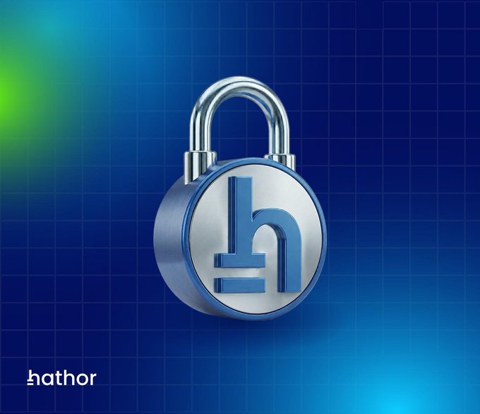 Hathor logo featuring a metallic padlock with a stylized 'h' inside, set against a blue grid background.