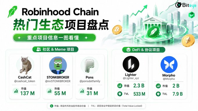 Biteye's Robinhood Chain ecosystem overview featuring popular projects: CashCat ($137M), STONKBROKER ($55M), and Pons ($31M) in the Community & Meme section, and Lighter ($2.3B market cap, $533M TVL) and Morpho ($2B market cap, $7.9B TVL) in DeFi & Protocols.