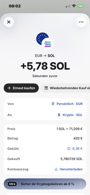 The image shows a phone screen displaying a transaction for 420€ Solana, which is an online cryptocurrency exchange. The text on the screen indicates that the user has made a purchase of 420€ Solana at the current time.