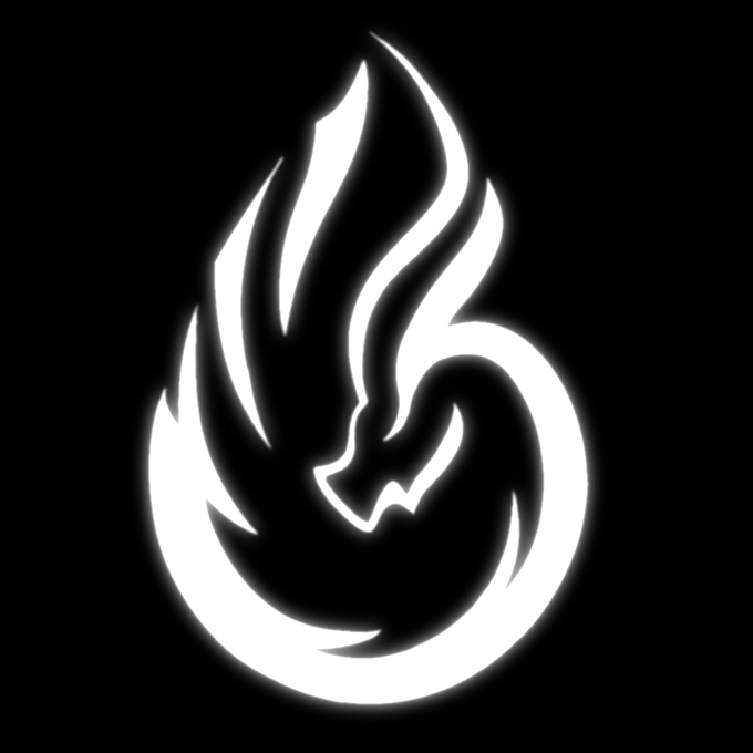 A white stylized flame logo on a black background.