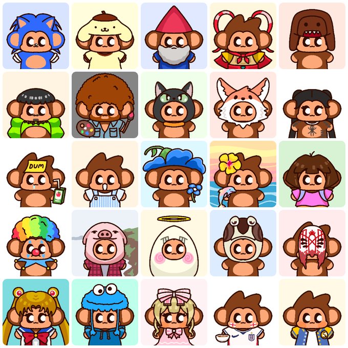 A grid of 20 cute cartoon monkey characters dressed in various costumes including a cat, gnome, dog, artist, clown, Sailor Moon, and a bloodied hockey mask figure.