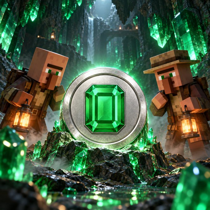 A Minecraft-themed image featuring two blocky characters (a villager and a miner with a lantern) standing on either side of a large silver coin with a green emerald center, surrounded by glowing green crystals in a cavernous cave.