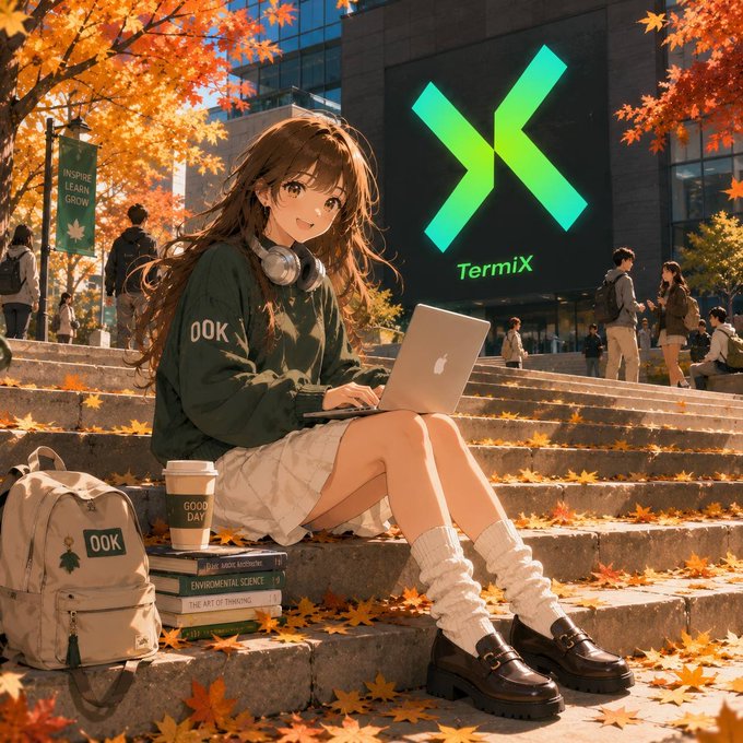 An anime-style illustration features a young woman with brown hair sitting on stone steps covered in autumn leaves, working on a laptop, with a glowing green logo and the text 'Termix' on a building behind her.