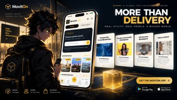 A promotional graphic for the 'MOVF' mobile app showing anime-style characters and the tagline 'MORE THAN DELIVERY - REAL UTILITY, REAL PEOPLE & BIGGER WORLD', with a 'GET THE MOVFION APP' button and Google Play/App Store logos.