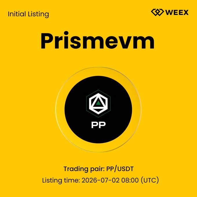 WEEX exchange announcement image for the initial listing of $PP (PRISMEVM) on the PP/USDT trading pair, with listing time scheduled for July 2, 2026 at 08:00 UTC, complementing the accompanying social media post.