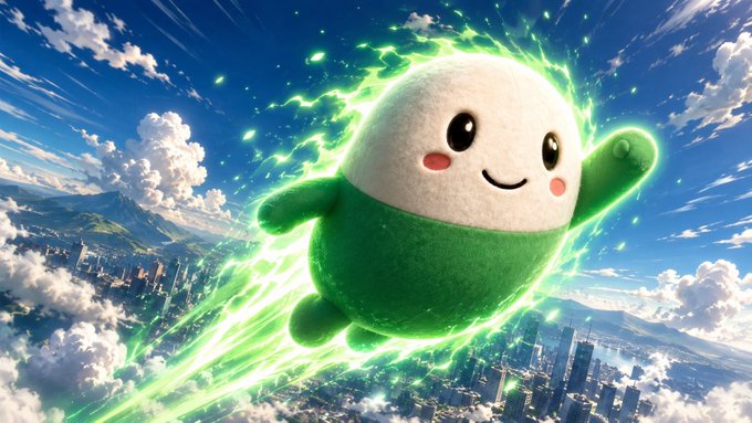 A cheerful green and white plush character soars through the sky above a city, trailing bright green energy and leaving a glowing wake—capturing the exhilarating, rocket-fueled ride of crypto markets right now.