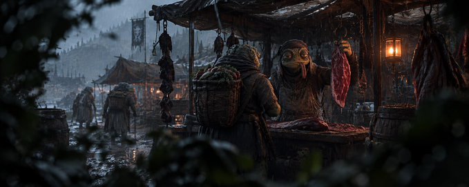 A dark, atmospheric fantasy scene showing a hooded merchant at a market stall holding up meat, with another figure carrying a basket on their back in a misty medieval-style village.