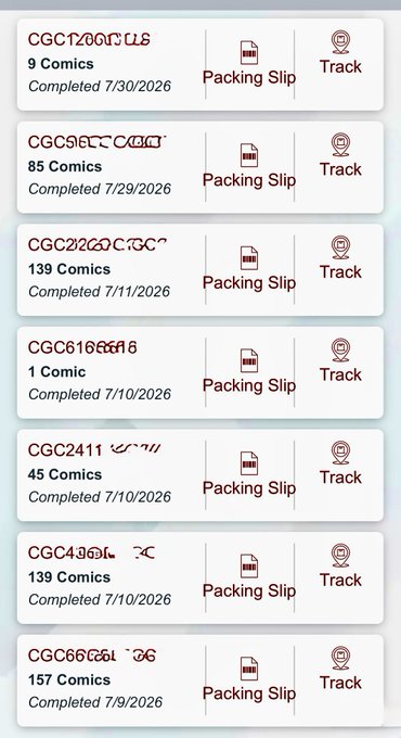 A list of seven completed comics orders on a tracking app, with details including order numbers like CGC1200746, quantities ranging from 1 to 157 comics, and completion dates.