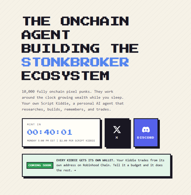 A promotional graphic titled 'THE ONCHAIN AGENT BUILDING THE STONKBROKER ECOSYSTEM' advertising 10,000 pixel punks with a countdown timer and links to X and Discord.
