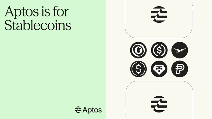 A promotional graphic with a light green background reading 'Aptos is for Stablecoins' alongside the Aptos logo, showing a phone interface displaying icons of various stablecoins.