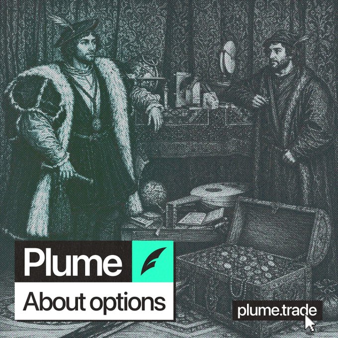 A black-and-white historical illustration depicting two men examining items in an antique setting, overlaid with "Plume - About options" and "plume.trade" text — visually framing the topic of stock options (a multi-hundred-billion-dollar daily derivatives market) that the thread explores before introducing Plume's on-chain implementation.