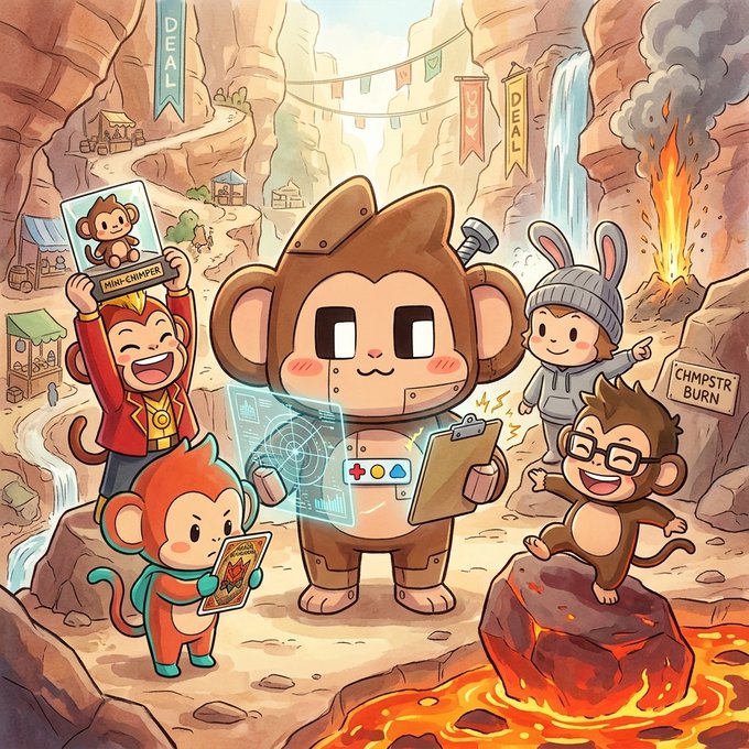 A cartoonish illustration features a large brown monkey-like character in a suit holding a holographic screen and clipboard, surrounded by smaller chibi-style monkey characters in a canyon setting with a volcano, waterfall, and banners reading 'DEALL' and 'CHMPSTR BURN.'