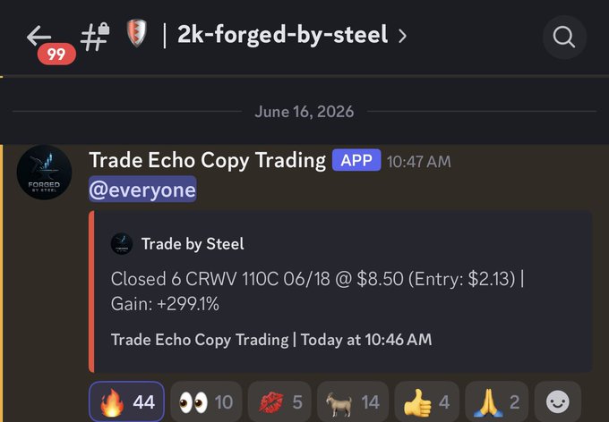 The focus of this image appears to be a screenshot from a social media site where two users are congratulating someone for their trade on the stock market. The user is sharing good news, possibly related to a successful trade in a stock trading app called Trade echo copy trading. This app allows people to invest in stocks and monitor their trades easily without needing a traditional broker. In this case, the individual who received positive feedback seems to have made a gain from their investment. The users at the bottom of the post are expressing their excitement over the news by sharing a thumbs up symbol along with several emojis, which include a happy person's face and other symbols like a smiley face, a heart, and an exclamation point. The image also contains some text that says "#ShoutOutTo @Forged_by_Steel copy trading !" in white letters at the bottom of the screen.