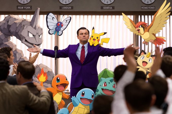 Leonardo DiCaprio, in a purple pinstripe suit, stands with arms outstretched in front of a microphone, surrounded by animated Pokémon characters (including Pikachu, Charizard, Onix, Meowth, Butterfree, Bulbasaur, Charmander, and Squirtle) and a cheering crowd, with world clocks labeled 'NEW YORK', 'LONDON', 'GENEVA', and 'HONG KONG' above him.