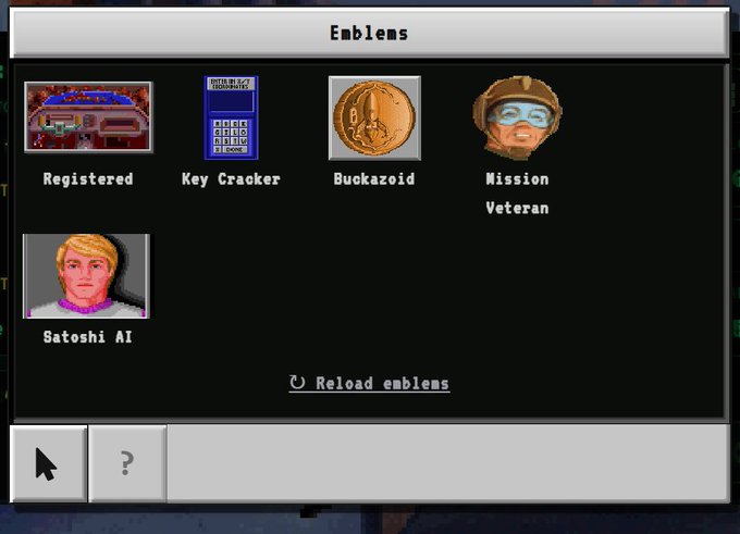 A pixel-art video game menu titled "Emblems" displays five achievement icons: "Registered," "Key Cracker," "Buckazoid," "Mission Veteran," and "Satoshi AI," with a "Reload emblems" prompt at the bottom. The "Satoshi AI" emblem featuring a blonde-haired character connects to the post's reference to following the 1096361BTC campaign's community-building process through Satoshi AI.