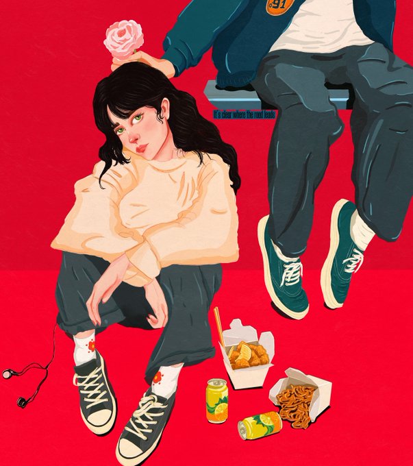 Illustration of a young woman sitting on the ground with a rose behind her head and fast food (fries, onion rings, drinks) beside her, with a partially visible figure beside her displaying text "It's clear where the rose hook"