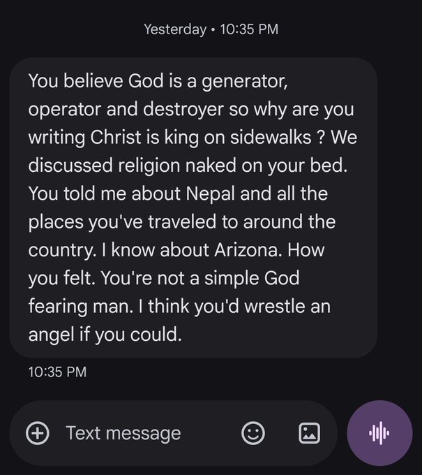 A text message screenshot from 10:35 PM contains a poetic passage discussing God, religion, and travels to Nepal and Arizona, ending with 'I think you'd wrestle an angel if you could.'