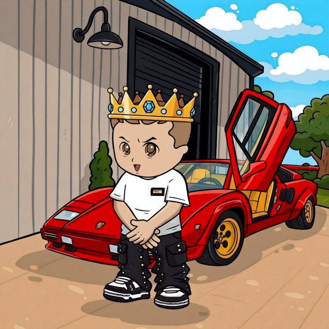 A chibi-style cartoon boy wearing a jeweled gold crown stands proudly in front of a red Lamborghini with its scissor doors open, parked outside a modern garage. The image complements the post's "Red Rarri or Red Lambo?" theme, playfully suggesting a young "₿illionaire" choosing between luxury red sports cars.