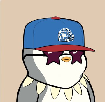 A cartoon penguin wearing a blue and red baseball cap with a Death Star logo on it and star-shaped sunglasses.