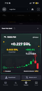 A mobile screenshot of a trading app displaying a PnL card for "RAGE.FUN" on the memecoin exchange with a +0.227 SOL gain and +88.4% increase, showing a downward trending green candlestick chart.
