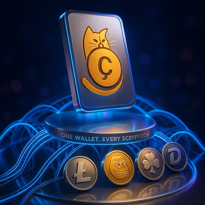 A 3D render displays a metallic cryptocurrency wallet card featuring a gold cat logo with the letter 'C', resting on a blue-lit pedestal with the tagline 'ONE WALLET. EVERY SCRYPT.COM' and four cryptocurrency coins (Litecoin, Doge, a club coin, and Digibyte) at its base.