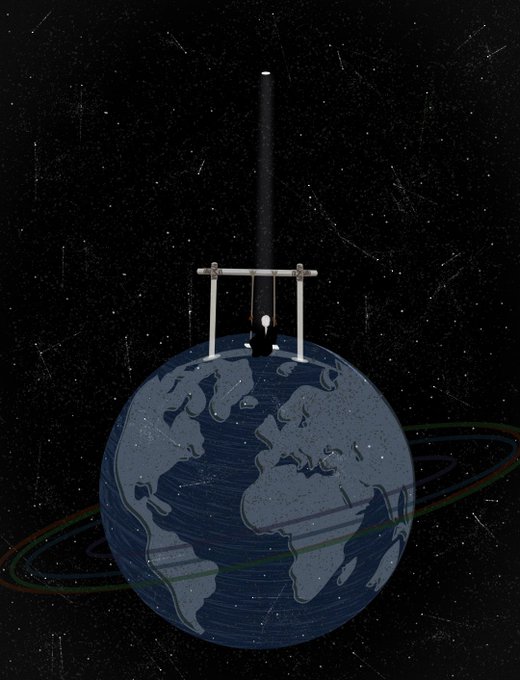 A digital illustration depicting Earth against a starry space background, with a figure in a suit sitting on top of the planet holding a sword pointed upward.