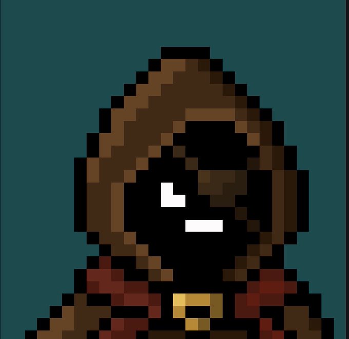 A pixel art illustration of a hooded figure with a dark face, white eyes, and a red collar with a gold buckle against a dark teal background.