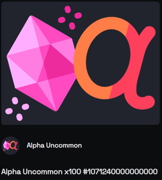 A digital logo featuring a pink crystal and a red-orange Greek alpha symbol 'α' on a black background, with text reading 'Alpha Uncommon' and 'Alpha Uncommon x100 #1071240000000000'.