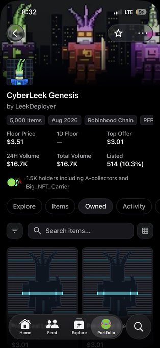A mobile screen displays the 'CyberLeek Genesis' NFT collection by LeekDeployer on Robinhood Chain, showing 5,000 items, a floor price of $3.51, 24H volume of $16.7K, and 1.5K holders.