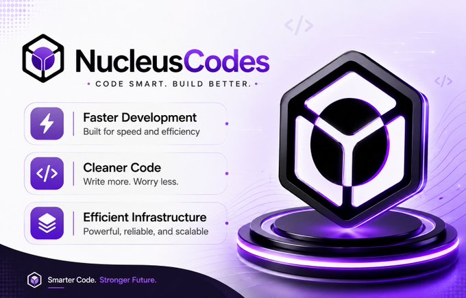 A marketing banner for 'NucleusCodes' highlighting features: 'Faster Development,' 'Cleaner Code,' and 'Efficient Infrastructure,' with the tagline 'CODE SMART. BUILD BETTER.'