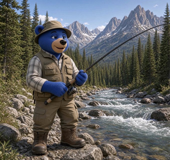 A blue anthropomorphic bear character wearing fishing gear (waders, vest, and hat) stands on rocks holding a fishing rod beside a rushing mountain river.