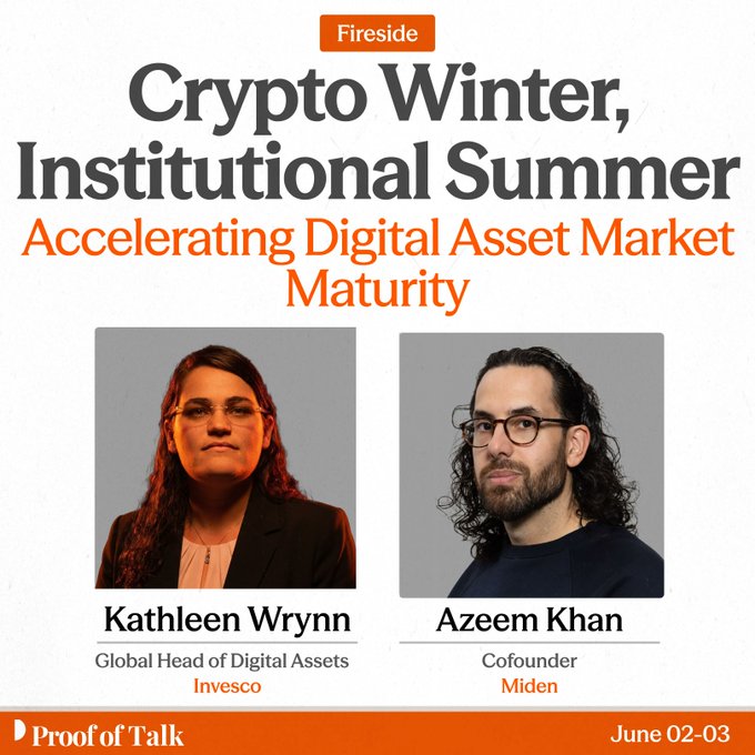 The image features two people sitting down for a fireside chat at a location named "proofoftalk" with Kathleen Wrynn as one of the speakers. The other person, who has long hair, is also present during the conversation. They are discussing the topic of Crypto Winter, Institutional Summer, and how it relates to accelerating digital asset market maturity.
