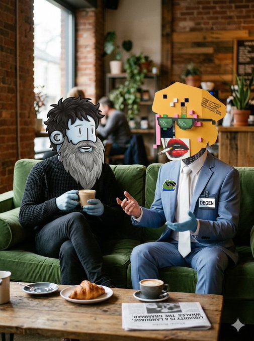 The image features two men wearing masks, each dressed in a suit and tie, sitting on a couch with coffee cups in their hands. They are positioned next to a wooden table that has a newspaper on it. The background of the image shows a brick wall and a window, giving an urban feel to the scene. The post caption reads "gm legendzzz happy Tuesday we like NFTs", which is likely related to the masks or the men's outfits in some way.