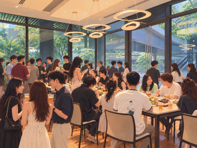 An animated/illustrated scene of a lively restaurant or banquet hall with large windows, where many people are gathered around tables dining and socializing under circular hanging pendant lights.