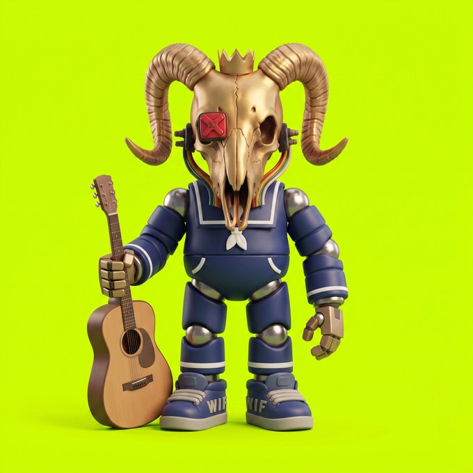 A designer collectible figure featuring a horned ram skull wearing a small crown and a navy sailor-style outfit, holding an acoustic guitar against a bright lime-green background. The boots display "WIF" text, directly tying the image to the $WIF Outlaws NFT collection referenced in the post about its rising ETH floor price.
